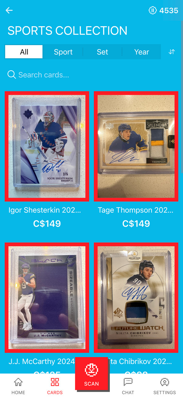 Sports card collection view with filters