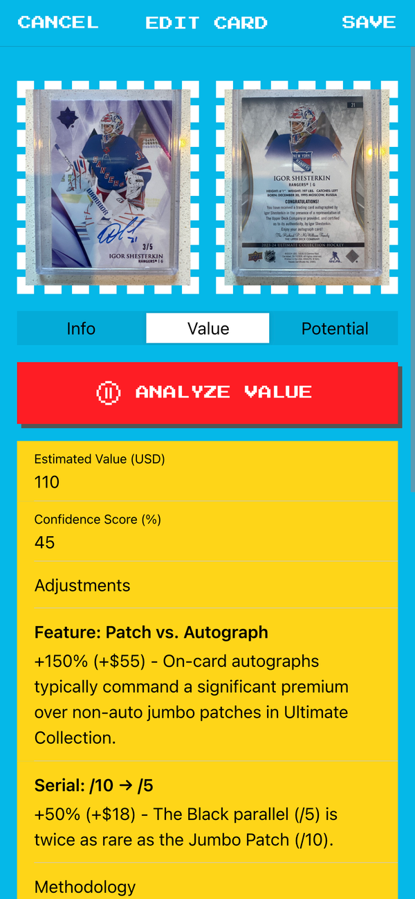 Detailed card information and appraisal